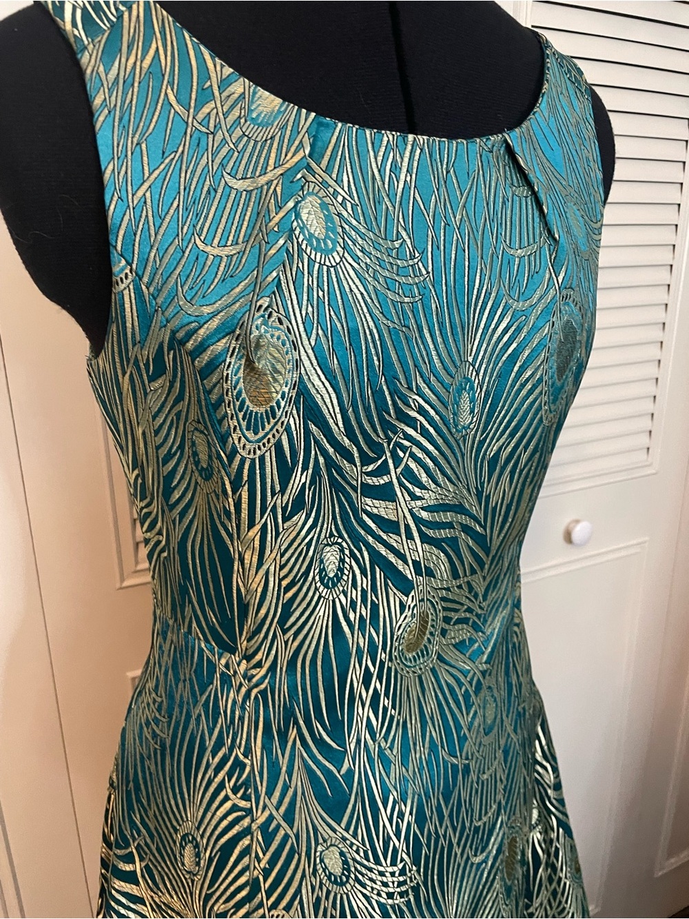Teal Metallic Peacock Brocade Sheath Dress - Picture 3 of 9